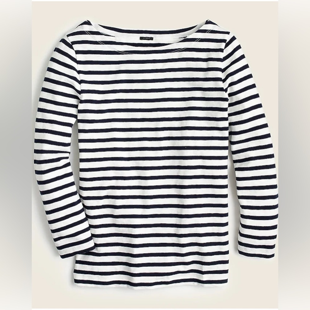 J Crew Black White Stripe Boatneck Wool Blend Long Sleeve Tee Coastal EUC S 2225
